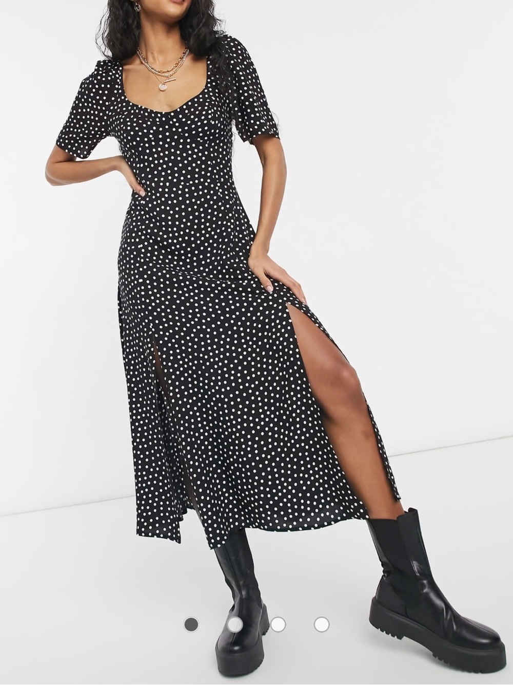ASOS Black and White Polka Dot Midi Dress with Side Slit